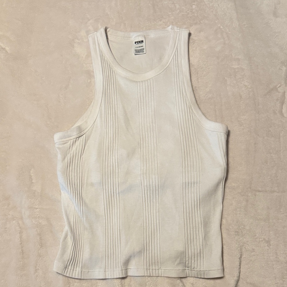 PINK Victoria's Secret White Ribbed Tank - Crew Neck